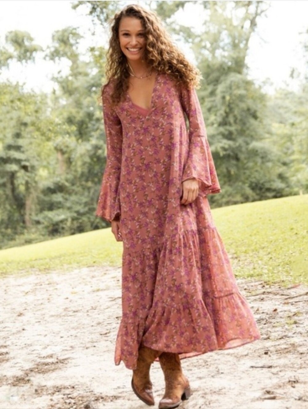 Natural Life Dance With Me Midi Maxi Dress Bell Sleeve M W/Slip